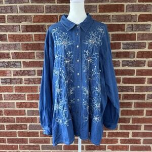Vintage Koret City Blues Embroidered Beaded Floral Button Down Shirt Women's 26W